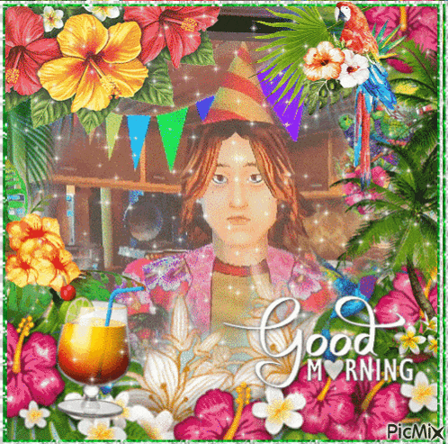 a picture of a girl in a party hat with the words good morning on the bottom