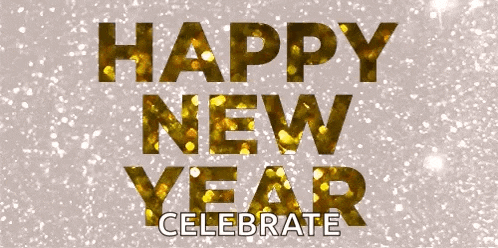 the words happy new year celebrate are written in gold letters
