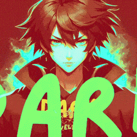 a drawing of a boy with the word art in green letters