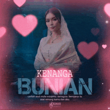 a woman in a white dress is surrounded by pink hearts and the words keanga bunan