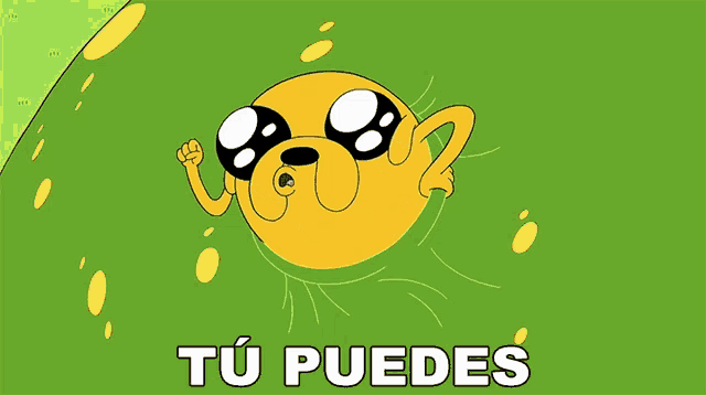 a cartoon character with the words " tu puedes " in white letters