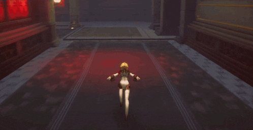 a cartoon character is running through a dark room with red lights