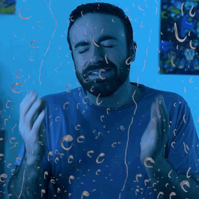 a man with his eyes closed is surrounded by bubbles and letters cc