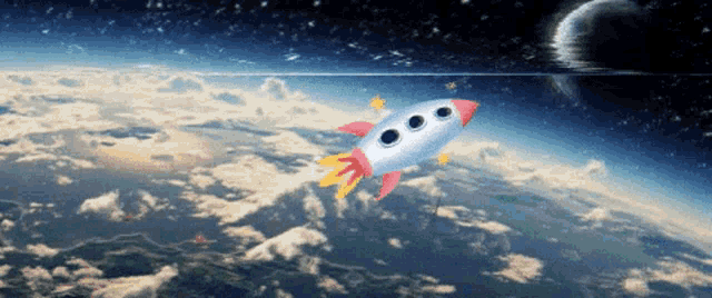 a cartoon rocket is flying over a planet in space