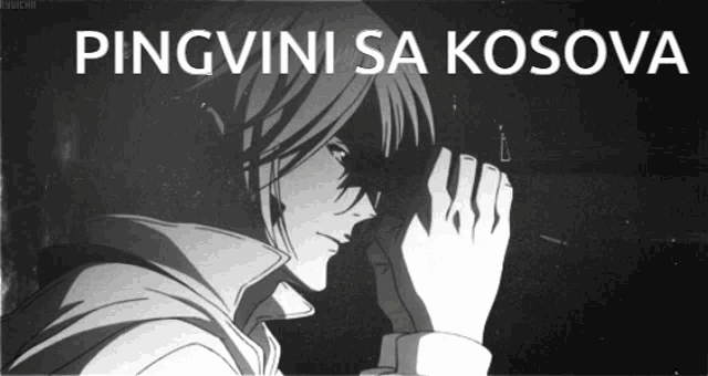 a black and white drawing of a man with the words pingvini sa kosova written above him