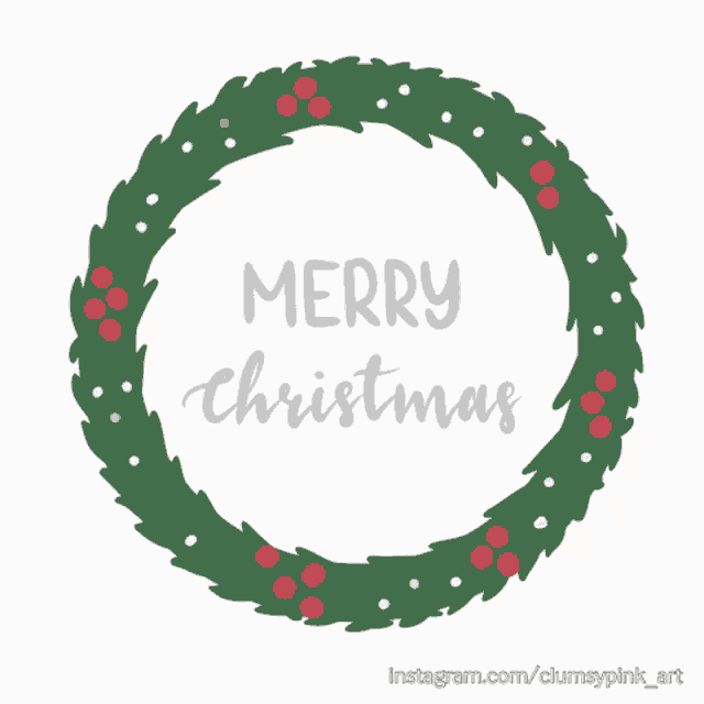 a merry christmas wreath with red berries and snowflakes