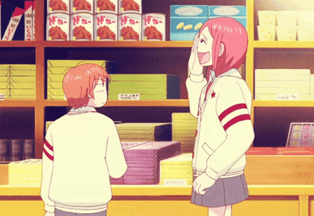 two anime characters are standing in front of a shelf full of cans of nfm