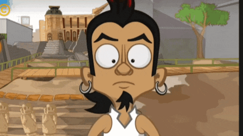 a cartoon character is standing in front of a building with the letter g on the bottom right