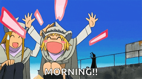 a cartoon of a girl saying morning while sitting next to another girl with her arms in the air