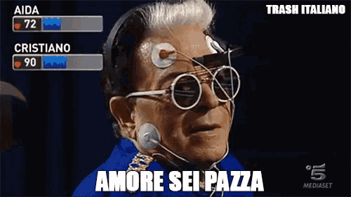 a man wearing sunglasses and headphones says amore sei pazza on the screen