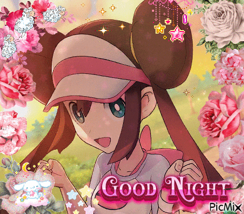 a picture of a girl with flowers and the words good night on the bottom