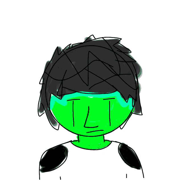 a drawing of a person with a green face and the letter t on it
