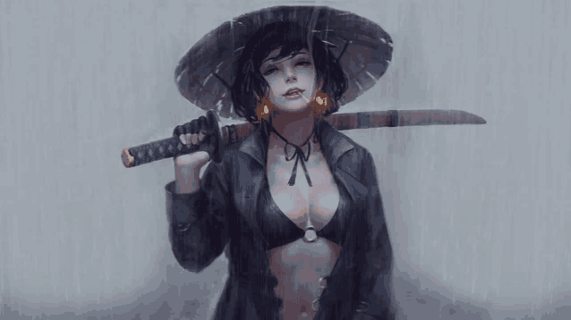 a woman in a hat holds a sword over her shoulder in the rain