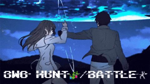 a man and a woman are standing next to each other with the words gwo hunt battle x written below them
