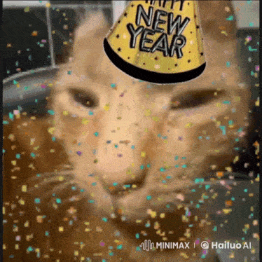 a cat is wearing a new year 's eve hat