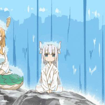 a girl with long white hair and horns is standing in front of a waterfall