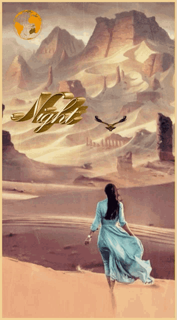 a woman in a blue dress is running in the desert with mountains in the background and the word night on the bottom