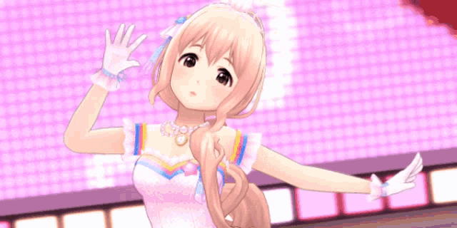 a girl in a pink dress and white gloves is waving her hand in front of a pink background .