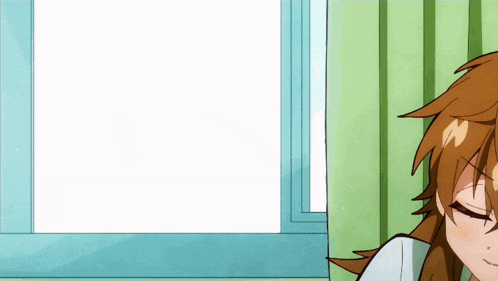 a cartoon character is looking out a window with a white frame in the background
