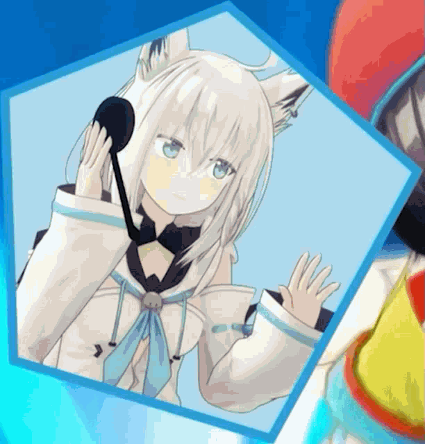 a picture of a white haired anime girl with a microphone on her head