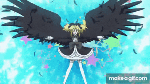 a girl with black wings is flying through the air with make a gif.com in the bottom right corner