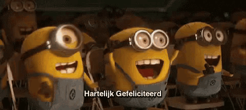 a group of minions standing next to each other with the words hartelijk gefeliciteerd written on the bottom right
