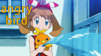 a girl is holding a stuffed animal and the words " angry bird " are behind her