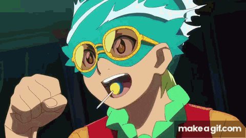 a boy wearing sunglasses and a mask is eating a lollipop ..