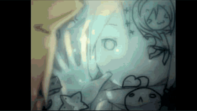 a close up of a drawing of a girl with a star in the background