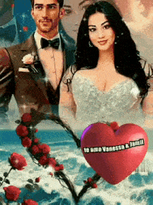 a man and a woman are standing next to each other with a heart in the middle of the picture .