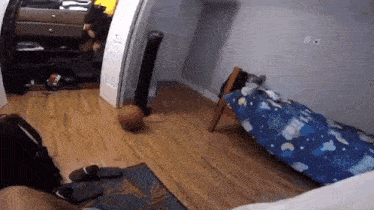 a basketball is laying on the floor in a bedroom next to a bed