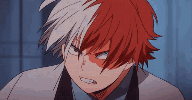a close up of a red and white haired anime character