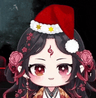 a chibi girl wearing a santa hat with flowers in her hair .