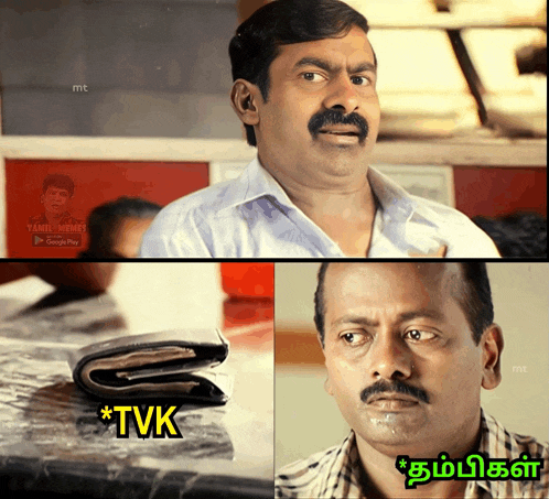 a man with a mustache looks at a wallet that says tvk