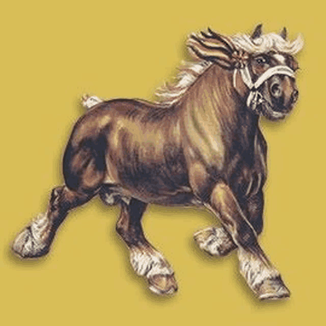 a brown horse with a white mane and bridle is running on a yellow background .