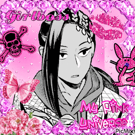 a black and white drawing of a girl with the words my pink universe