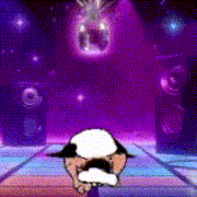 a cartoon of a man with a mustache is dancing in front of a disco ball