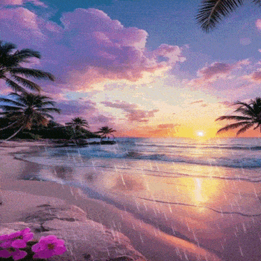 a beach scene with palm trees and rain coming down