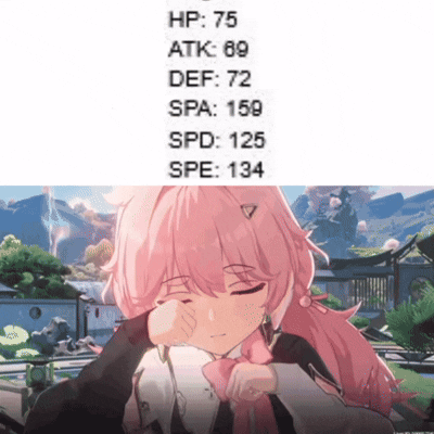 a girl with pink hair has a hp of 75 atk of 69 def of 72 spa of 159 spd of 125 spe 134