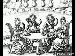 a black and white drawing of a group of people sitting around a table with their faces on it .