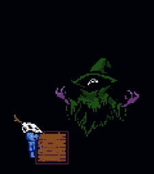 a pixel art drawing of a wizard with purple hands