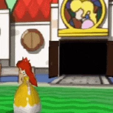 a cartoon of princess daisy standing in front of a building .