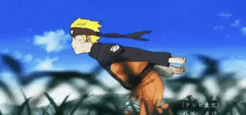 a cartoon of a man running in a field with a blue sky in the background .