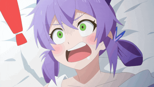 a girl with purple hair and green eyes has a surprised expression on her face