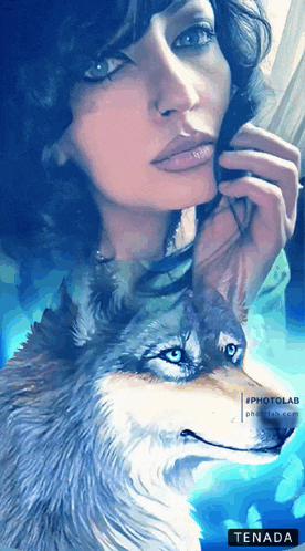 a painting of a woman and a wolf with the word tenada on the bottom right