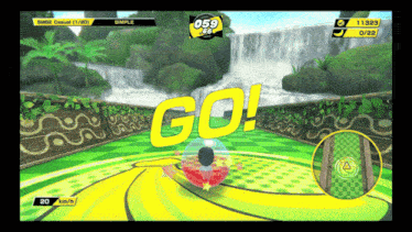 a video game screen shows a waterfall and a go sign