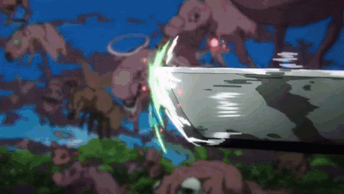 a cartoon of a sword being thrown at a group of monsters