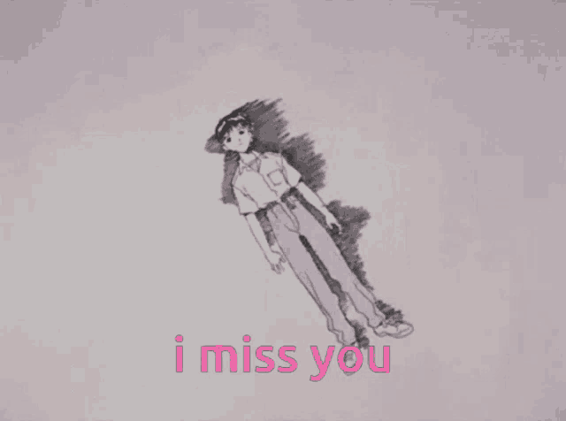 a drawing of a boy with the words " i miss you " in pink