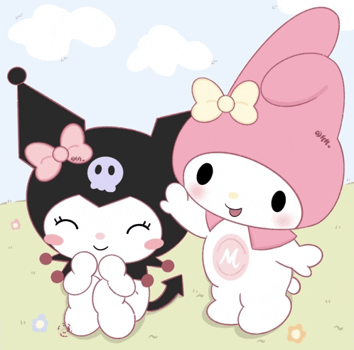 a cartoon drawing of kuromi and my melody with the letter m in the middle