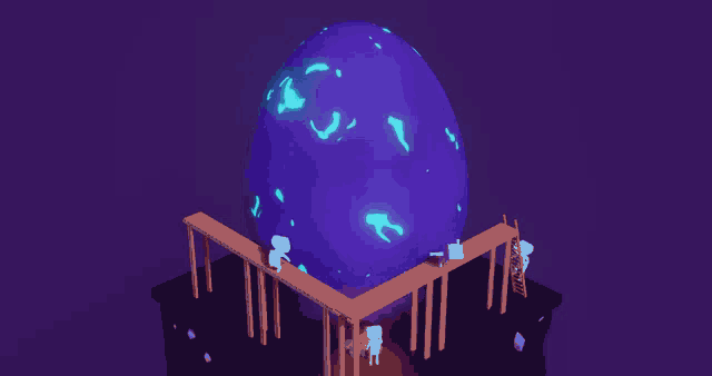 a purple sphere with the letter r on it is surrounded by a wooden structure